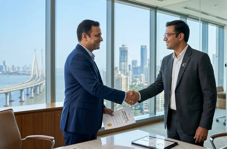 Two transport-organisation representatives shaking hands in an office, with the Mumbai skyline visible through the window.